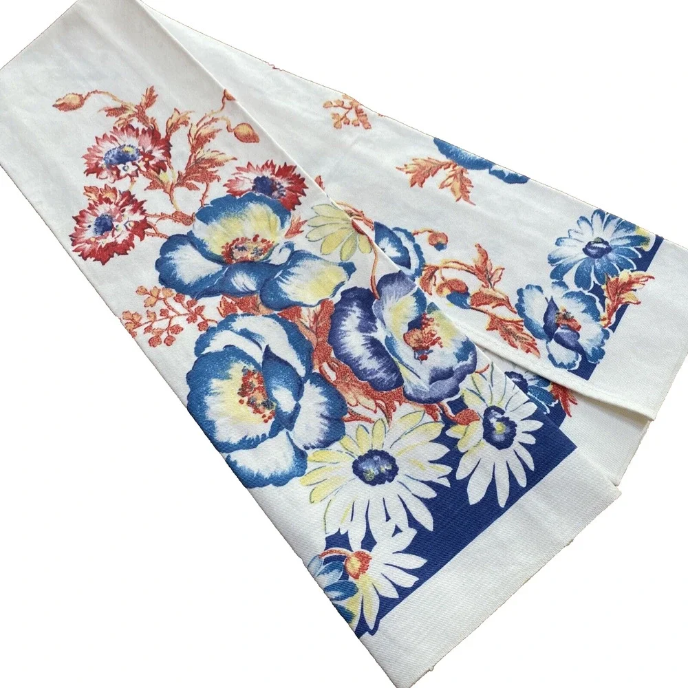 Vintage Cotton Tea Towel Printed Kitchen Cloth White Blue Red Floral Cottage